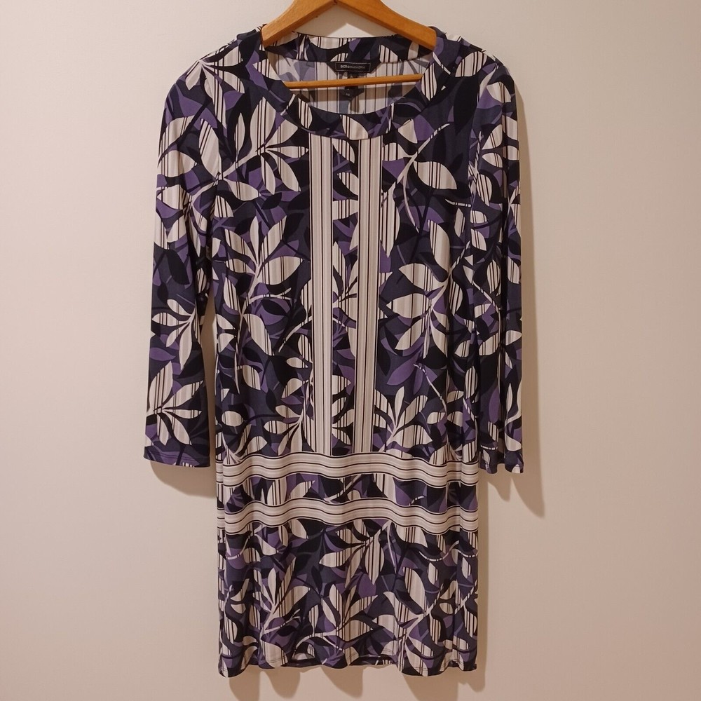 BCBG MAXAZRIA "Calico" Jersey Shift Floral Dress 3/4 Sleeve Black Combo XS